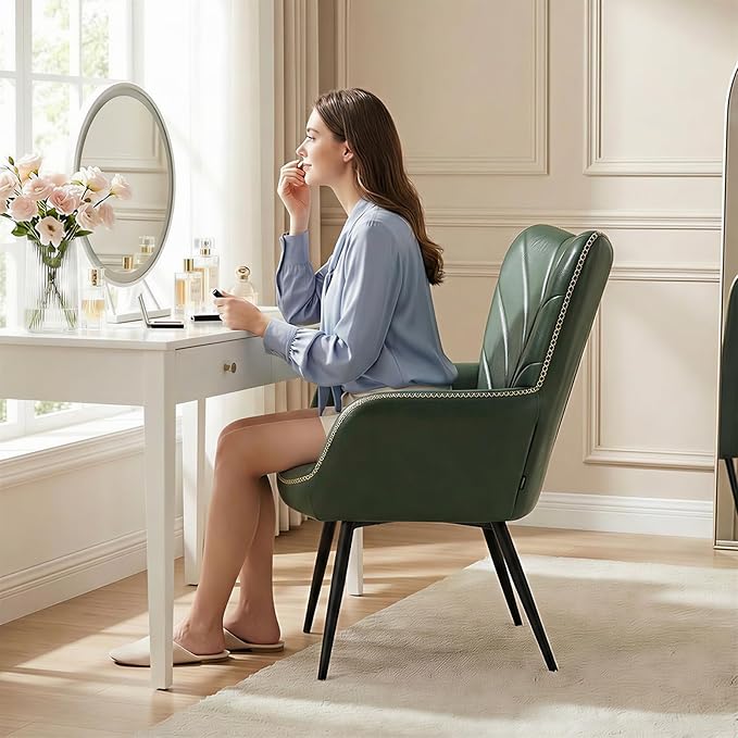 Mid-Century Modern Green Faux Leather Accent Chair Upholstered Armchair for Living Room/Bedroom/Reading Corner Curved Back &amp Padded Arms High-Density Cushion Metal Legs Easy-to-Clean Design