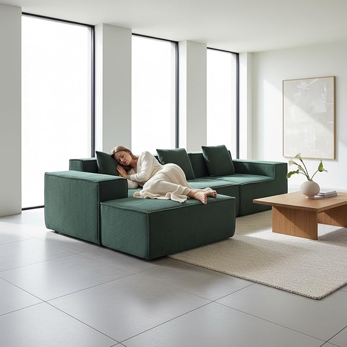 Harper Convertible Corduroy Sectional Couch with Ottoman &amp Pillows Modular L Shaped Sleeper Sofa Boneless Cloud Couch for Living Room Furniture Dark Green