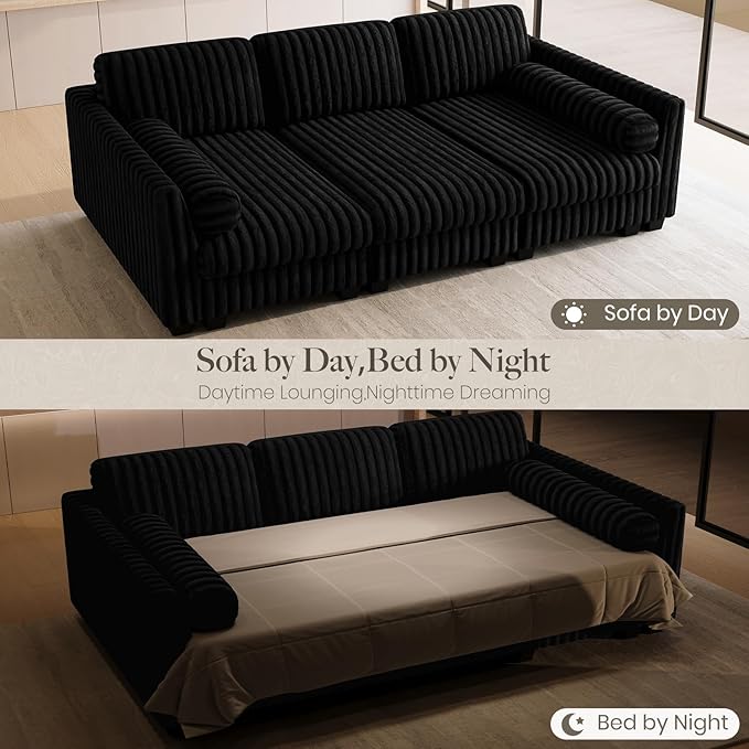 Belffin Plush Corduory Sectional Sleeper Sofa with Wide Deep Seat Modular Sectional Cloud Couches for Living Room. Black Couch