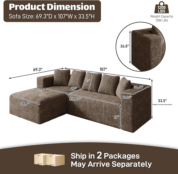 Modular Sectional Sofa 107 L Shaped Cloud Couch Plush Corduroy Deep Seat Boneless Sofas with 5 Pillows Long Chaise Lounge Couches Memory Foam for Living Room - Brown Right Facing Chaise