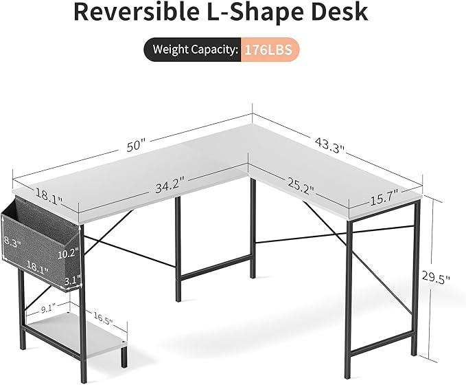 L Shaped Desk Gaming Computer 50 Inch Reversible Corner Table PC Work Table for Writing Study Student with Wood Tabletop Metal Frame CPU Stand Side Bag for Home Office Small Place