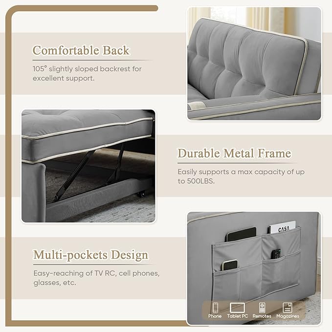 3 in 1 Sleeper Sofa Couch Bed Small Tufted Velvet Convertible Loveseat Futon Sofa w/Pullout Bed Adjustable Backrest Cylinder Pillows for Living Room Apartment Easy to Assemble Grey 55.5