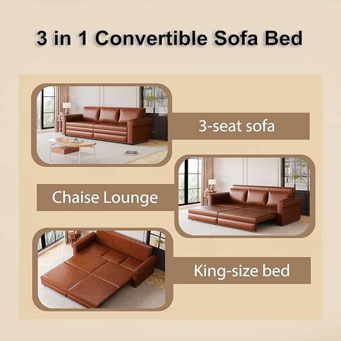 JOYBASE Pull Out Sofa Bed King-Size Convertible Sleeper Sofa Modern 3-Seater Faux Leather Couch with Nailhead for Living Room Office Apartment (Light Brown)