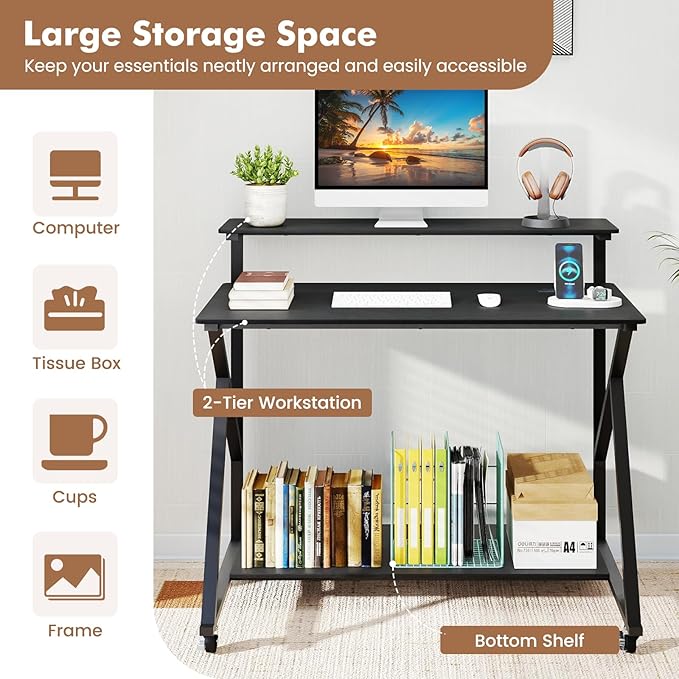 Giantex Rolling Computer Desk with Charging Station Mobile Portable Laptop Desk with Monitor Stand &amp Storage Shelf Small Desk with Lockable Wheels for Small Spaces Home Office (Black)