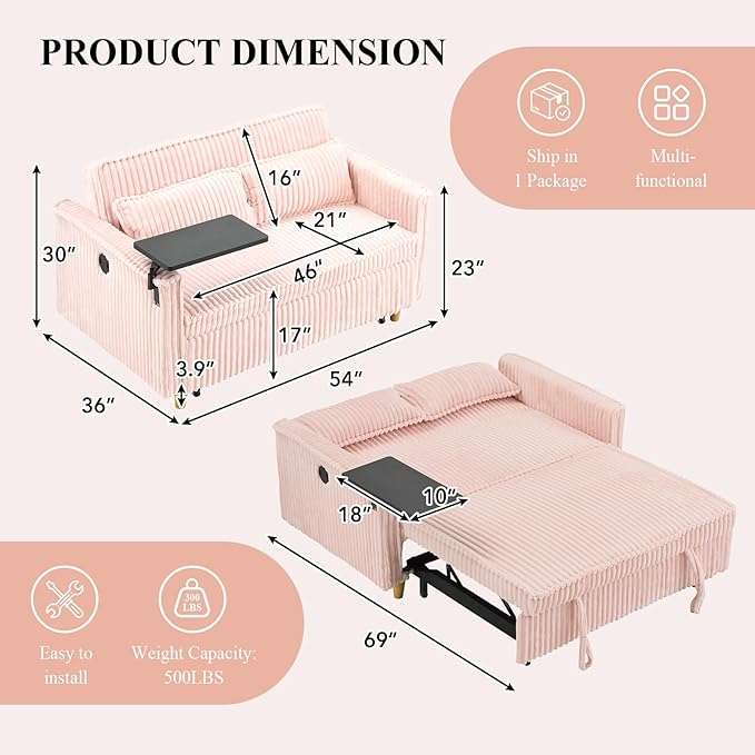 3 in 1 Pull Out CouchCorduroy Upholstered Convertible Sleeper Sofa Bed with Movable Side Table Modern Multifunctional Sofa with USB Port Cushioned Couch for Living Room (Pink)