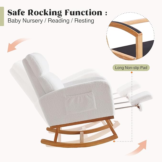 Rocking Chair Nursery with Foot Rest Nursing Rocking Chairs for Mom Nursery Teddy Rocker Glider with High Backrest for Living Room Bedroom White