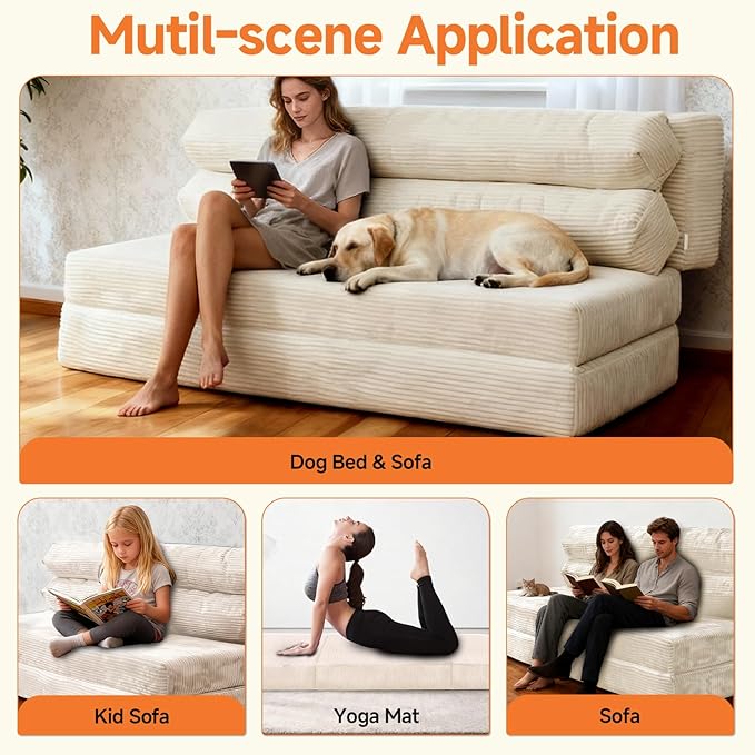 Convertible Sofa Bed Folding Sofa Bed Couch Pallout Floor Couch Convertible Futon Chair Beds Floor Teddy Sofas Mini Couch for Bedroom Love Seat Sleeper Beds(Beige White51.1×39.3×23.6)