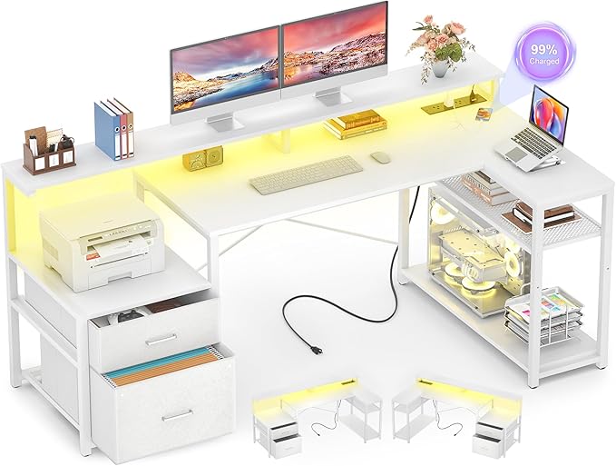 Aheaplus L Shaped Desk with File Drawer Reversible L Shaped Computer Desk Gaming Desk with Power Outlet &amp LED Strip Home Office Desk with Monitor Shelf Corner Desk with Storage Shelves White