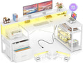 Aheaplus L Shaped Desk with File Drawer Reversible L Shaped Computer Desk Gaming Desk with Power Outlet &amp LED Strip Home Office Desk with Monitor Shelf Corner Desk with Storage Shelves White