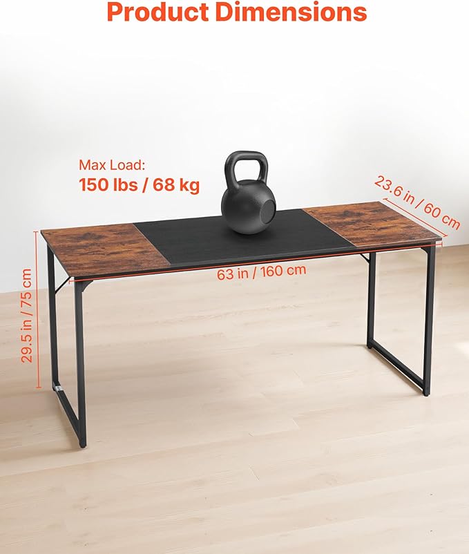 VEVOR Computer Desk 63 Inch Office Gaming Desk for Home Office Writing Study Work Modern Simple Table with Metal Frame for Large Legroom Rustic Brown and Black