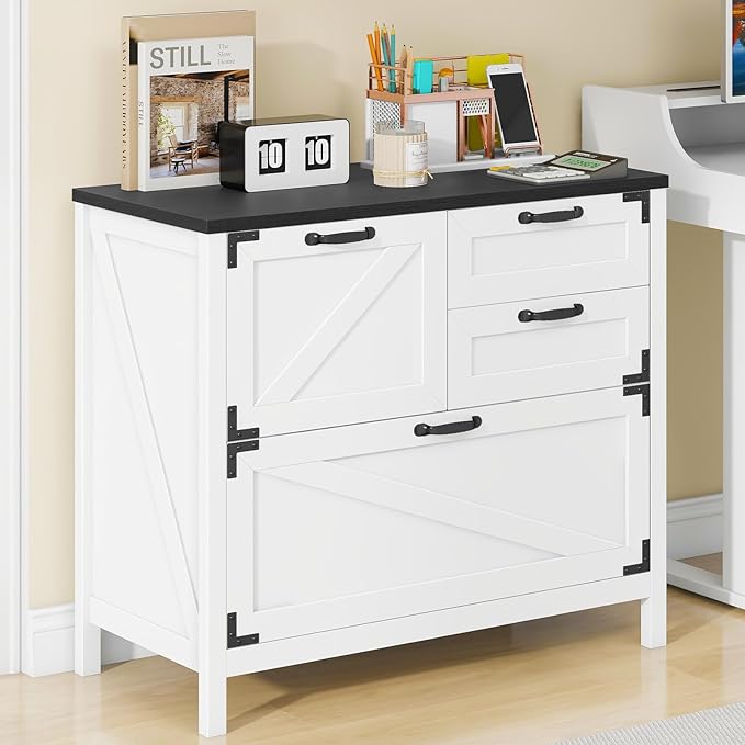 Lateral File Cabinet with 4 Drawers Farmhouse File Cabinet for Letter/Legal/A4 Size Hanging Files Large Wood File Storage Cabinets Printer Stand for Home Office Cabinet White and Black