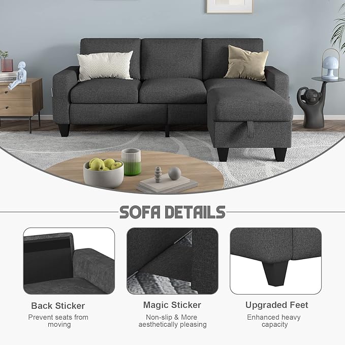 78'' Convertible Sectional Sofa Couch: Dark Grey 3 Seat L-Shaped Sofa Couches with Storage Ottoman and Pockets - Modern Linen Upholstered Sofa Couch Sets for Living Room Office Apartment Small Space