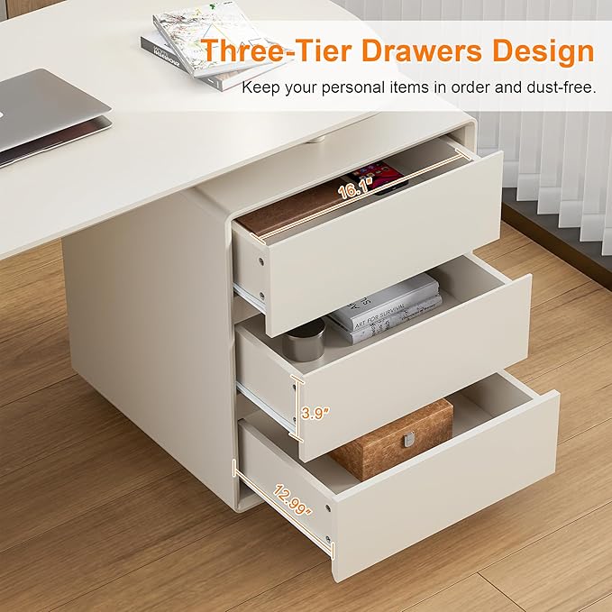 Qulomvs Desk with Drawers 55inch Home Office White Desk with Drawers and Storage Shelves Cream White Modern Simple Style Laptop Desk Work Study Writing Table Workstation for Home Office
