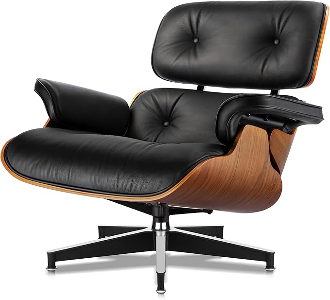 Top Black Grain Leather Mid Century Chaise Lounge Chair and Ottoman Modern Chair Classic Design Walnut Wood Heavy Duty Base Support for Living Room Office