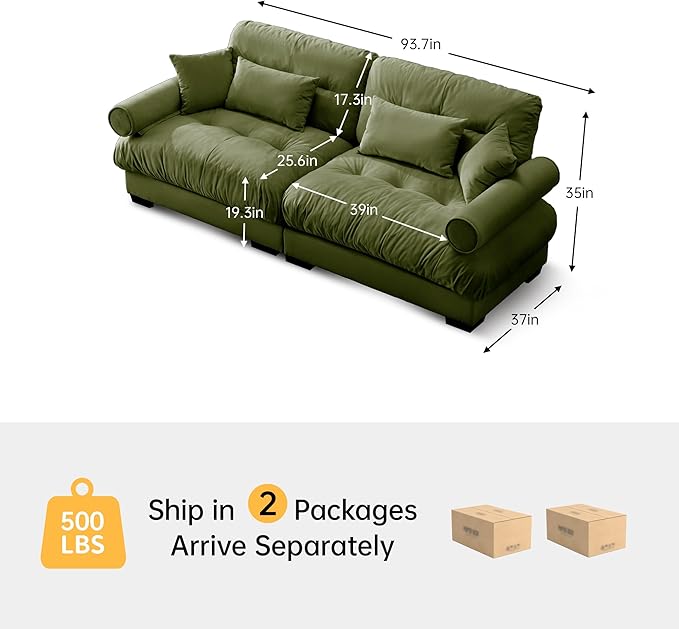 Velvet Loveseat Sofa93.7 W Oversized Fluffy Tufted 2-Seat Cloud Couch with 25.6 Seat DepthComfy Modern Deep Seat Sofa with Bolster Armrest PillowsGreen