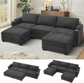 108'' Chenille Sectional Couch with Storage ArmrestsU Shaped Upholstered Sofa with 2 Movable Ottomans 5-Seat Modular Couch with Cup Holders for Living Room Grey
