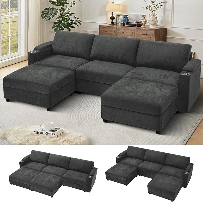 108'' Chenille Sectional Couch with Storage ArmrestsU Shaped Upholstered Sofa with 2 Movable Ottomans 5-Seat Modular Couch with Cup Holders for Living Room Grey