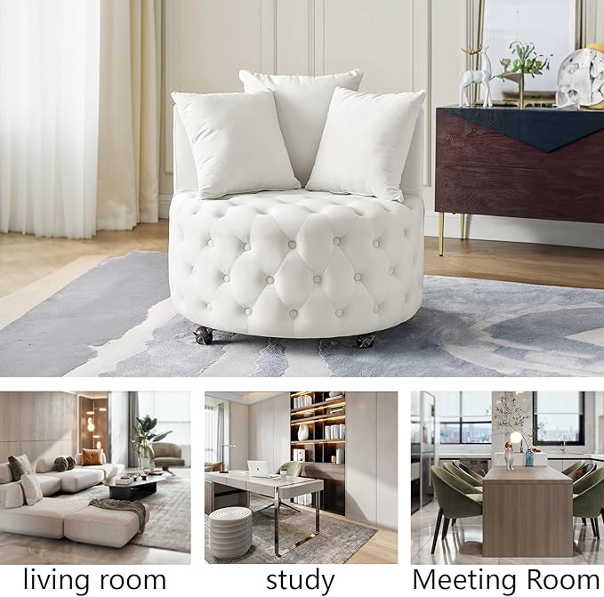 LLS Swivel Barrel Chair Velvet Accent Barrel Chair with 3 Pillows and 4 Wheels 360 Degree Sofa Chair Modern Button Tufted Upholstered Accent Chair for Living Room Bedroom Beige