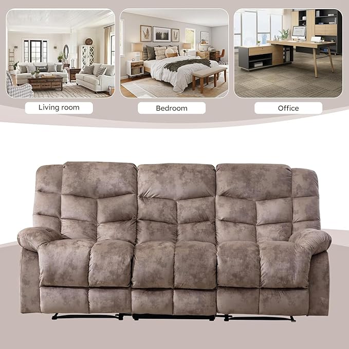 EBELLO Reclining Couch for Living Room Extra Wide Modern Overstuffed 3 Seat Recliner Manual Sofa Breathable Fabric and Padded Cushion Light Brown