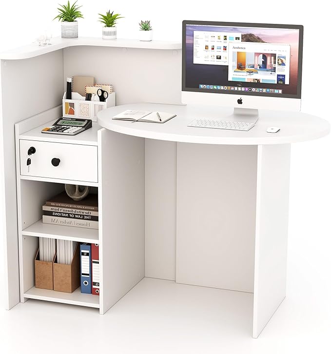 Reception Desk Small Retail Checkout Counter with Lockable Drawer and Open Shelves Wooden Front Desk Reception Counter Oval Desktop &amp L Counter for Store Office Lobby Salon (White)