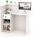 Reception Desk Small Retail Checkout Counter with Lockable Drawer and Open Shelves Wooden Front Desk Reception Counter Oval Desktop &amp L Counter for Store Office Lobby Salon (White)
