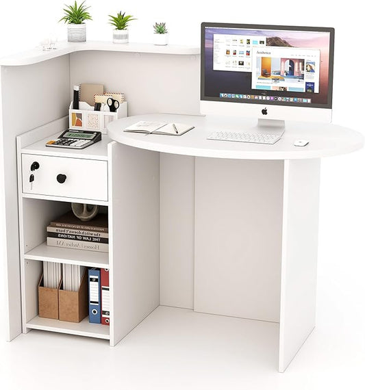 Reception Desk Small Retail Checkout Counter with Lockable Drawer and Open Shelves Wooden Front Desk Reception Counter Oval Desktop &amp L Counter for Store Office Lobby Salon (White)