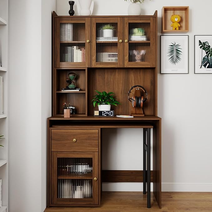 KEIKI L Shaped Home Office Desks with 90° Rotating Retractable Desktop Glass Door Hutch Drawers Bookshelf &amp Storage Shelves Modern Gaming Computer Corner Table for Work Study Writing Walnu