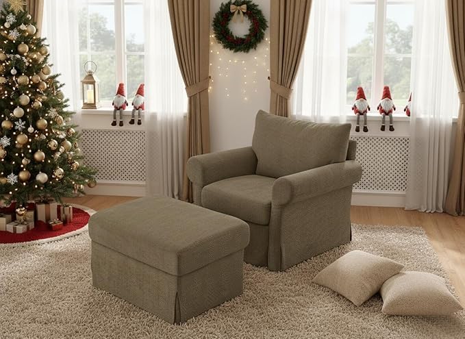 35.8 Accent Chair with Ottoman Set Comfy Chenille Upholstered Armchair with Rolled Arms Modern Single Reading Chair for Living Room Bedroom Apartment Brown