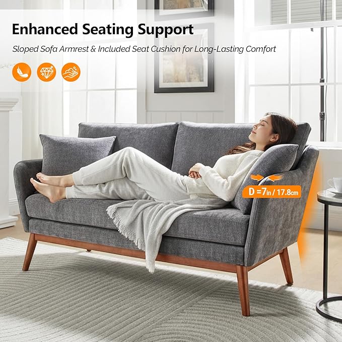 VINGLI 63.5 W Comfy Small Upholstery Love Seat Couch with Soild Rubber Wood Frame 2 Seater Mid Century Linen Fabric Loveseat Sofa Mini Couch with Two Pillows for Small Spaces Bedroom Grey