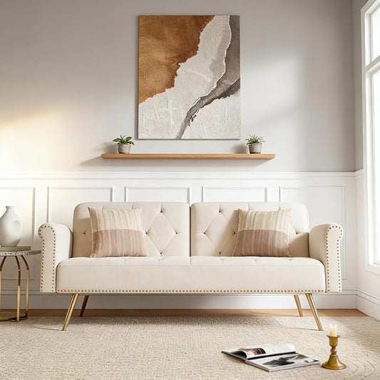 Stylish Velvet Sofa 70 Sofa Sleeper Convertible with Matching Pillows for Living RoomApartmentSmall Spaces (Beige)