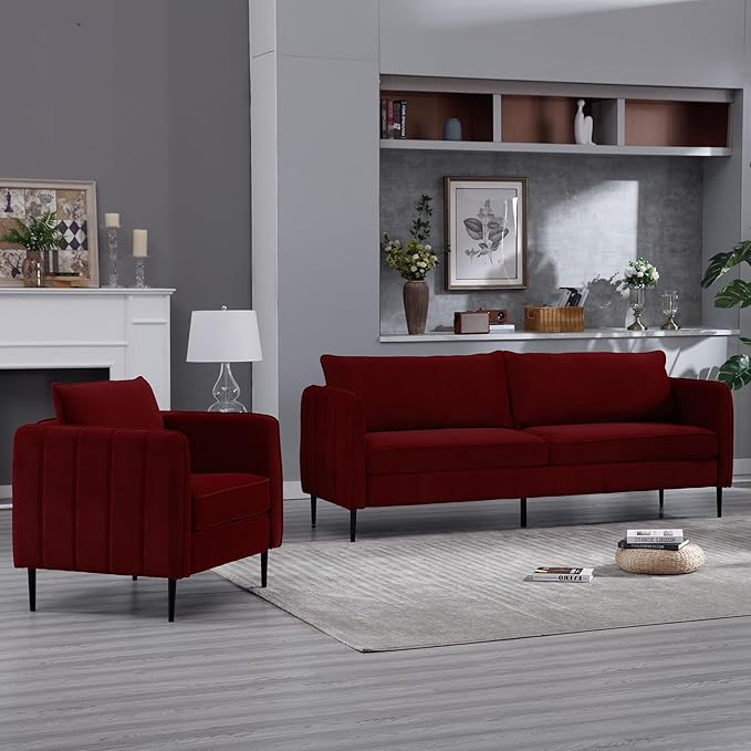 Leather Accent Chair Mid Century Modern PU Leather High Back Armchair for Living Room Chairs with Solid Wood Legs for Small Spaces Bedroom Office (Red-Velvet 29.13D x 32.68W x 35.04H)