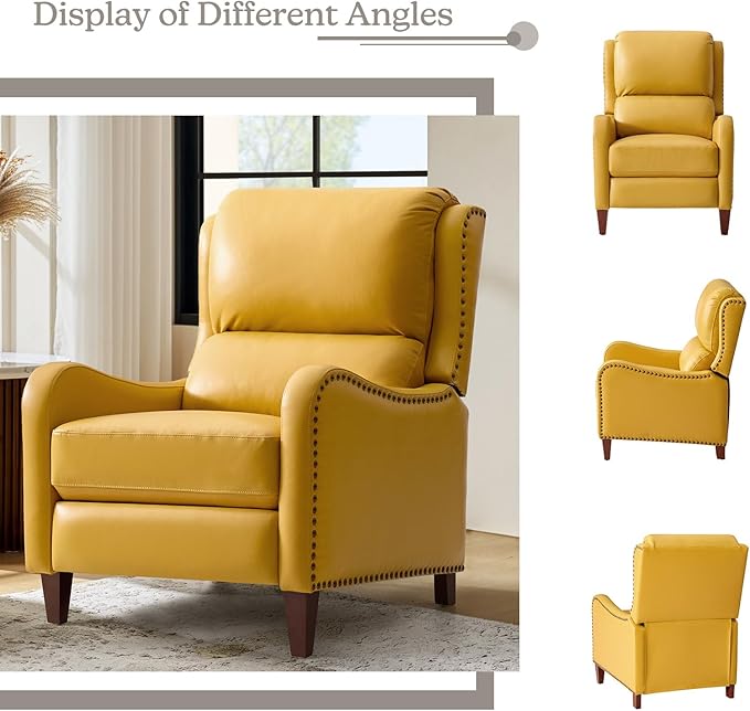 HULALA HOME Genuine Leather Recliner Chair Modern Push Back Recliner Armchair with Thick Seat Backrest &amp Footrest Nailhead Decor for Living Room Bedroom Yellow