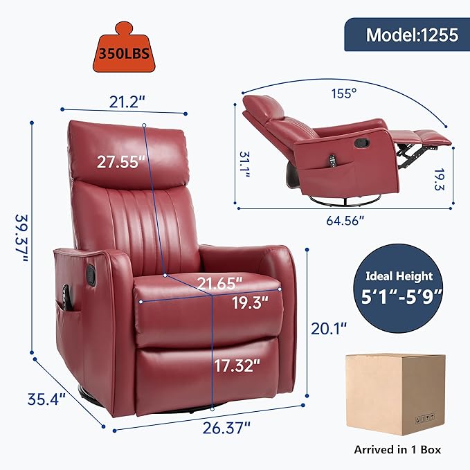 Manual Swivel Rocker Recliner Chair for Adults Overstuffed Reclining Glider Chair for Nursing with Vibration Massage &amp Heat Living Room Rocking Recliner 2-Stage backrest Faux Leather Red