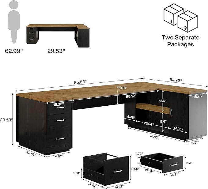 Tribesigns 85.8-Inch L-Shaped Executive Desk with File Drawers Door Cabinet &amp Shelves Extra Large Commercial Office Desk Modern Professional Office Table Business Furniture Natural &amp Blac