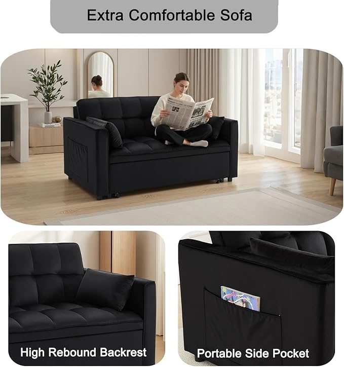 Loveseat Sleeper Sofa 3 in 1 Convertible Sofa Bed Adjustable Backrest Comfy Pull Out Couch Modern Upholstered Sofa for Living Room Bedroom Apartment Small Space (Black)