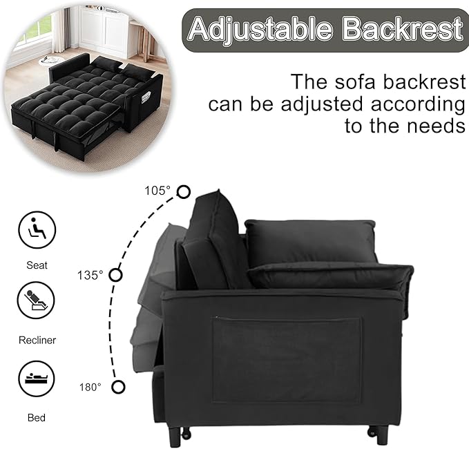 Velvet 3-in-1 Convertible Sleeper Sofa Bed - USB Charging Port Adjustable Backrest Pull-Out Futon Loveseat for Small Space Apartment Versatile Sectional Couch for Living Room (Black)