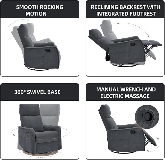 PELUMY 360 Swivel Rocking Recliner Chair for Adults Nursery Rocking Chair with Heat and Massage Glider Reclining Chair for Small Space Living Room Bedroom (Dark Grey)