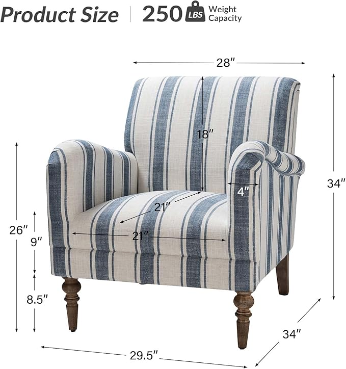 HULALA HOME Modern Accent Chair with Arms and Wooden Legs Comfy Upholstered Armchair for Living Room Bedroom (Stripe Pattern Navy)