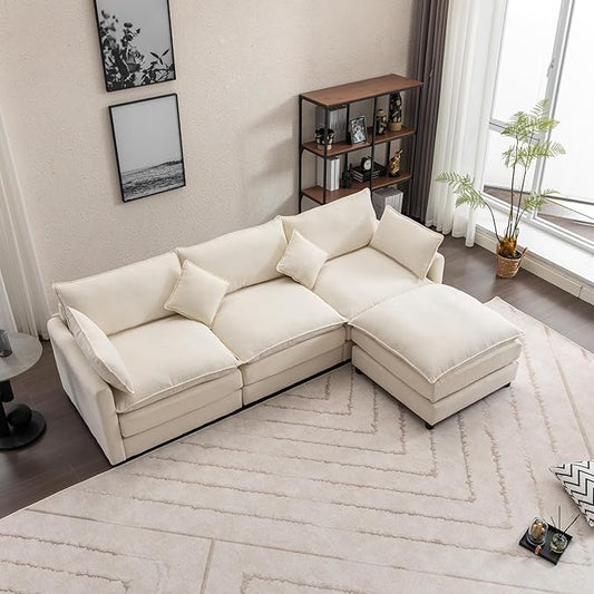 kevinplus 101'' Modular Sectional Sofa Couch L-Shaped with Convertible Ottoman for Living Room Modern Contemporary 3-Seat Fabric Sofa Couch Thick Cushion Beige