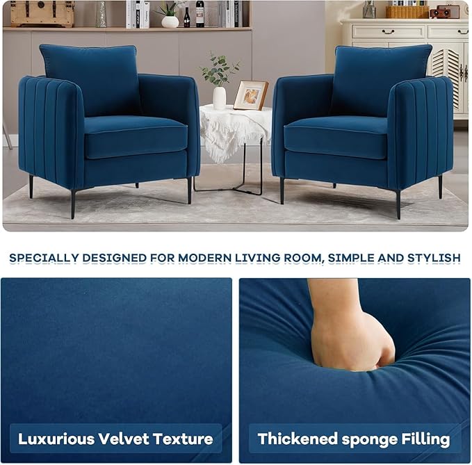 Blue Accent Chair for Living Room Modern Upholstered Accent Chair Comfy Velvet Armchair with Thick Cushion Single Sofa Arm Chairs for Bedroom Office Reading RoomClub (Blue)