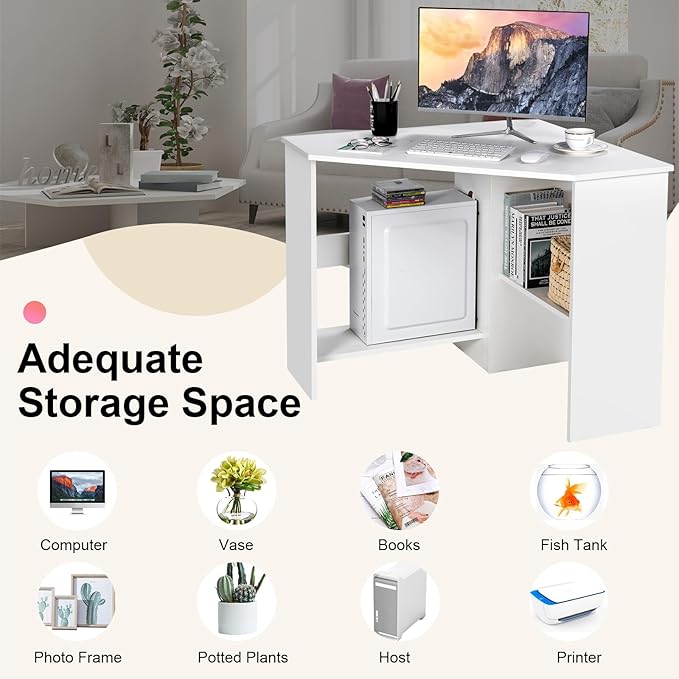 Tangkula White Corner Desk - 90 Degrees Triangle for Computer Small Space Bedroom Makeup Vanity Desk with Storage Shelves &amp CPU Stand Space Saving Writing Desk