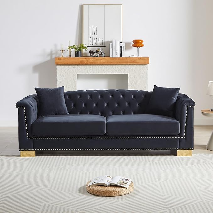 84 inch Chesterfield 3 Seater Sofa Oversized Mid Century Modern Sofa Couch with Gold Rivet Decoration Cloud Comfy Velvet Upholstered Button-Tufted Couch for Living Room Office Black