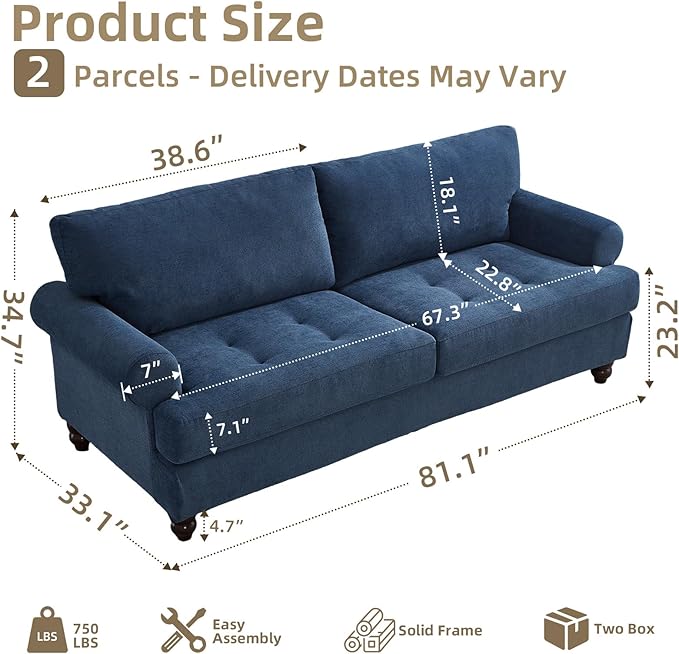 81” Rolled Arm Sofa Couch with Storage Mid Century Modern Decor Loveseat Couches for Living Room Button Tufted Upholstered Small Couch for Bedroom Apartment (Blue)