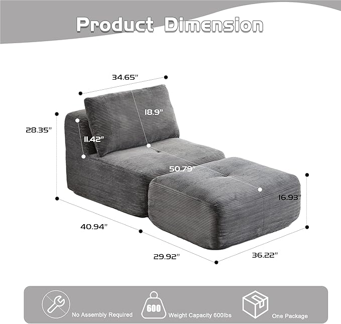 Memory Foam Compressed Sofa Bed Modern Grey Single Chaise Louge Comfy Futon Floor Couch Pet Friendly Fectional Couch for Living Room Bedroom No Assembly Movable OttomanCorduroy