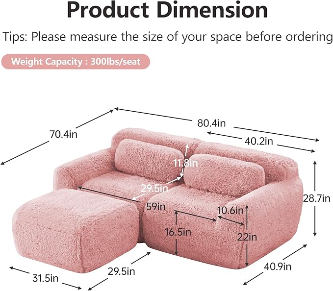 80 Sectional Couches for Living Room Comfy Boneless Couch 2 Seater Cloud Sofa Compressed Loveseat with Ottoman Modern Love Seat in a Box Fluffy Plush Floor Couch No Assembly (Pink)