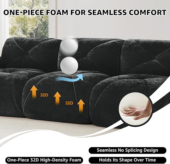 Black Loveseat Sectional Couches for Living Room Velvet Fabric Boneless Couch No Assembly Cloud Modular Sectional Sofa Love Seat with 2 Ottoman Foam Couch Compressed Sofa Set Sofas para Sala