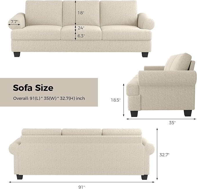 91 Inch Lawson Sofa with Extra Deep Seats Oversize Mid-Century 3-Seat Sofa Couch for Living Room Apartment Lounge White