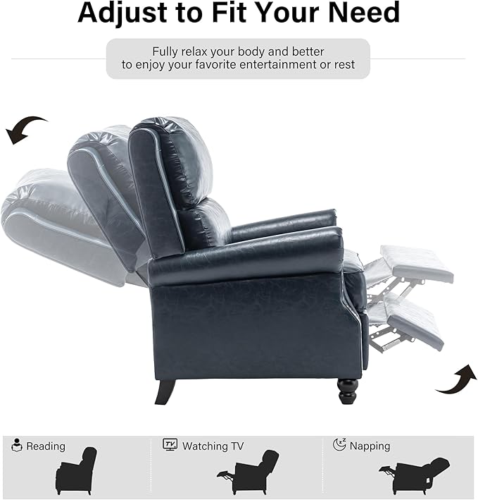 Faux Leather Recliner Chair Modern Pushback Armchair with Adjustable Backrest &amp Footrest for Bedroom Living Room (Dark BlueSet of 1)