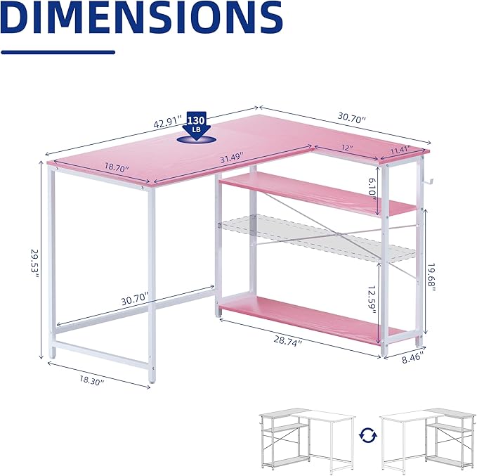 Pamray 43 Inch L Shaped Computer Desk with Reversible Side Storage Shelves Small Corner Desk for Small Space Home OfficeWriting Study Table PC Desk for BedroomPink with White Leg