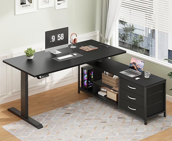 L Shaped Electric Standing Desk with Drawers &amp Shelves Height Adjustable Corner Computer Desk with Power Outlets 55 Inch Sit Stand Executive Desk with Storage for Home Office Black